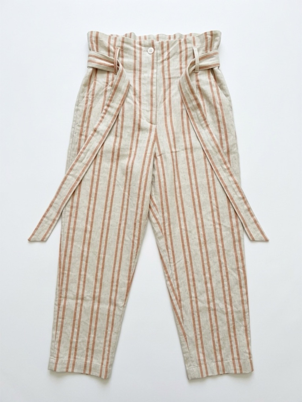 Striped Paperbag Waist Linen Blend Pants - Beige & Rust